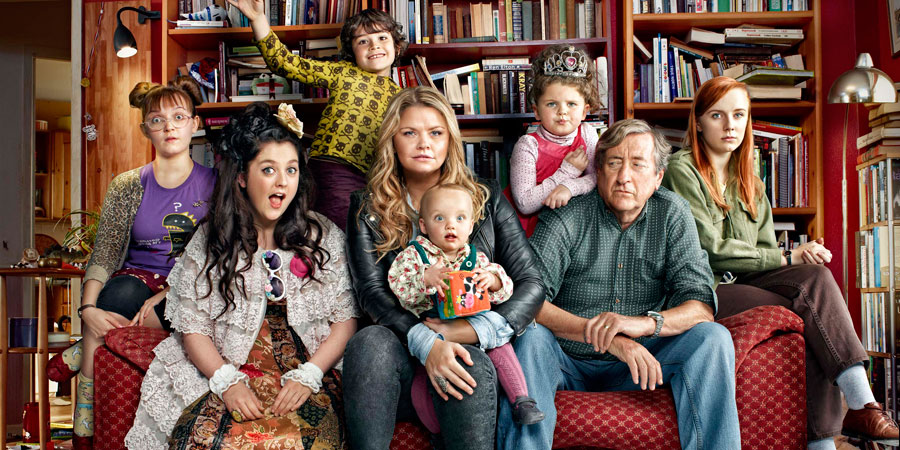 Raised By Wolves. Image shows from L to R: Yoko Garry (Molly Risker), Germaine Garry (Helen Monks), Wyatt Garry (Caden Ellis Wall), Della Garry (Rebekah Staton), Mariah Garry (Erin Freeman), Grampy (Philip Jackson), Aretha Garry (Alexa Davies). Copyright: Big Talk Productions. Raised By Wolves. Image shows from L to R: Yoko Garry (Molly Risker), Germaine Garry (Helen Monks), Wyatt Garry (Caden Ellis Wall), Della Garry (Rebekah Staton), Mariah Garry (Erin Freeman), Grampy (Philip Jackson), Aretha Garry (Alexa Davies). Copyright: Big Talk Productions.
