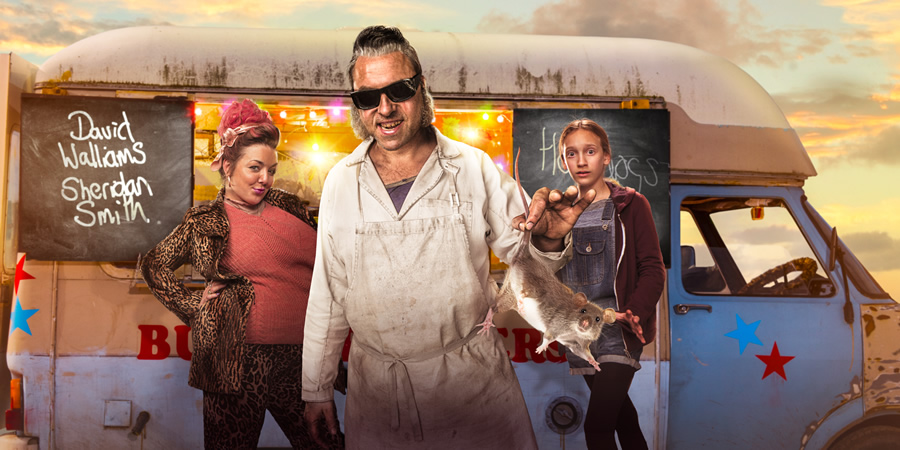 Ratburger. Image shows from L to R: Sheila (Sheridan Smith), Burt (David Walliams), Zoe (Talia Barnett). Copyright: King Bert Productions. Ratburger. Image shows from L to R: Sheila (Sheridan Smith), Burt (David Walliams), Zoe (Talia Barnett). Copyright: King Bert Productions.