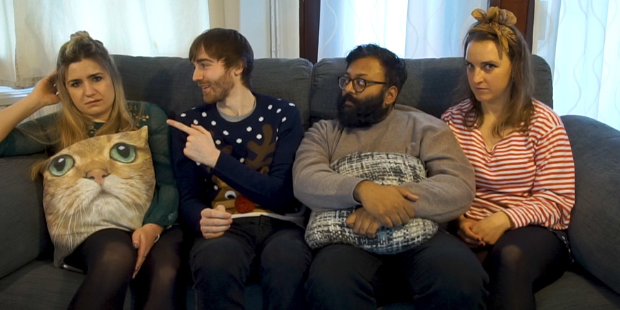 Reaction Crew. Image shows from L to R: Brianne (Harriet Kemsley), Brian (Ian Smith), Mark (Sunil Patel), Abbey (Lucy Pearman). Copyright: Turtle Canyon Comedy. Reaction Crew. Image shows from L to R: Brianne (Harriet Kemsley), Brian (Ian Smith), Mark (Sunil Patel), Abbey (Lucy Pearman). Copyright: Turtle Canyon Comedy.