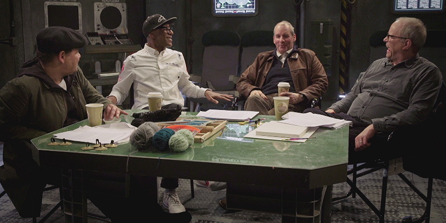 Red Dwarf: The First Three Million Years. Image shows from L to R: Craig Charles, Danny John-Jules, Chris Barrie, Robert Llewellyn. Copyright: North One Television. Red Dwarf: The First Three Million Years. Image shows from L to R: Craig Charles, Danny John-Jules, Chris Barrie, Robert Llewellyn. Copyright: North One Television.