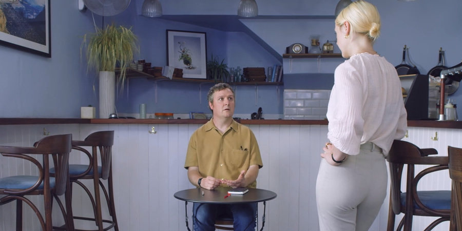 Regular. Image shows from L to R: Regular (Tim Key), Barista (Laura Marling). Regular. Image shows from L to R: Regular (Tim Key), Barista (Laura Marling).
