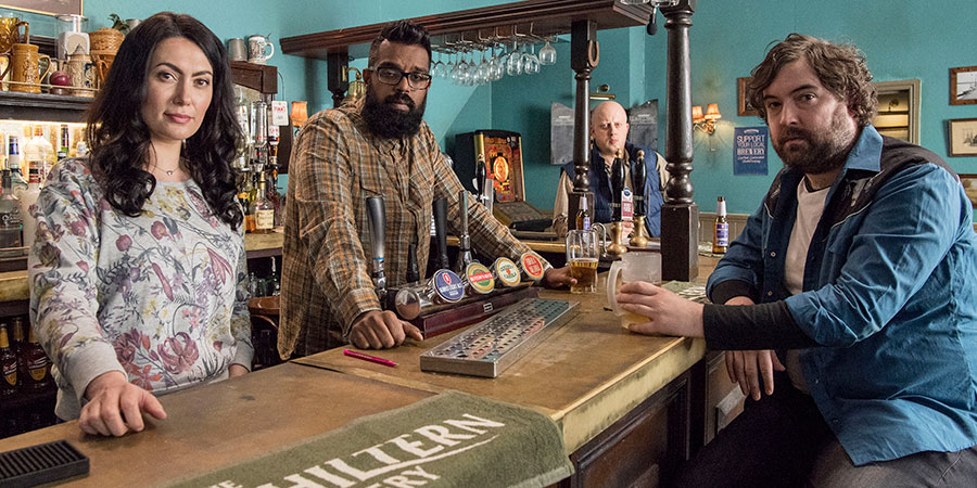 The Reluctant Landlord. Image shows from L to R: Julie (Yasmine Akram), Romesh (Romesh Ranganathan), Lee (Marek Larwood), Lemon (Nick Helm). Copyright: What Larks Productions. The Reluctant Landlord. Image shows from L to R: Julie (Yasmine Akram), Romesh (Romesh Ranganathan), Lee (Marek Larwood), Lemon (Nick Helm). Copyright: What Larks Productions.