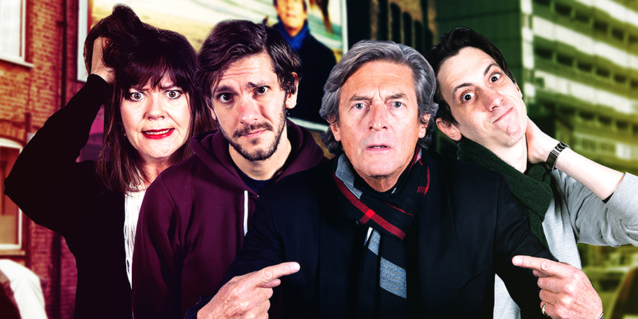 Reluctant Persuaders. Image shows from L to R: Amanda (Josie Lawrence), Joe (Mathew Baynton), Hardacre (Nigel Havers), Teddy (Rasmus Hardiker). Copyright: ABsoLuTeLy Productions. Reluctant Persuaders. Image shows from L to R: Amanda (Josie Lawrence), Joe (Mathew Baynton), Hardacre (Nigel Havers), Teddy (Rasmus Hardiker). Copyright: ABsoLuTeLy Productions.