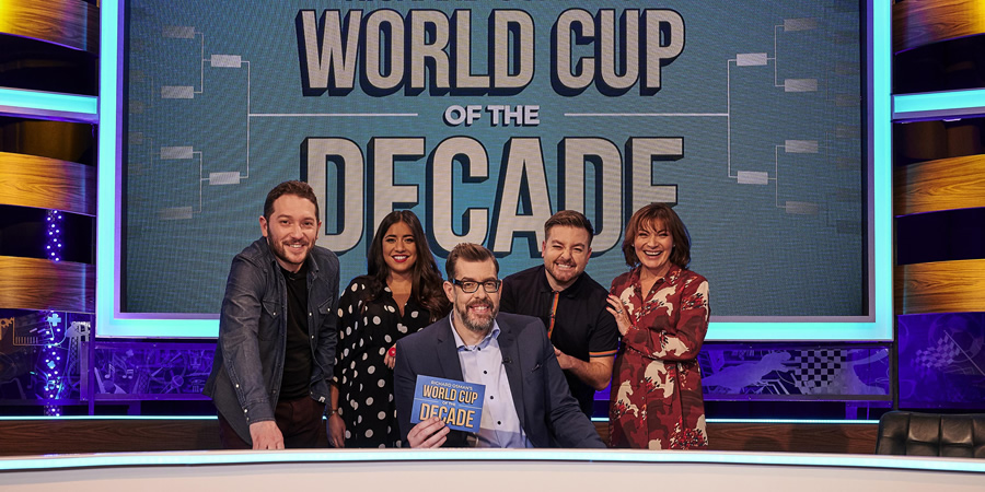 Richard Osman's World Cup Of The Decade. Image shows from L to R: Richard Osman, Rhianna Dhillon, Richard Osman, Alex Brooker, Lorraine Kelly. Copyright: Zeppotron. Richard Osman's World Cup Of The Decade. Image shows from L to R: Richard Osman, Rhianna Dhillon, Richard Osman, Alex Brooker, Lorraine Kelly. Copyright: Zeppotron.