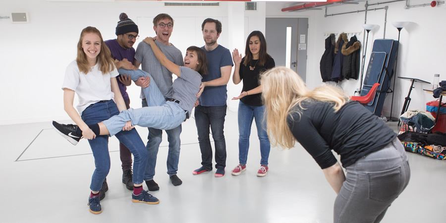 Ricky Whittington rehearsals. Image shows from L to R: Ellie White, Omar Ibrahim, Rob Carter, Rosa Robson, David Elms, Emily Lloyd Saini. Copyright: Claire Haigh. Ricky Whittington rehearsals. Image shows from L to R: Ellie White, Omar Ibrahim, Rob Carter, Rosa Robson, David Elms, Emily Lloyd Saini. Copyright: Claire Haigh.