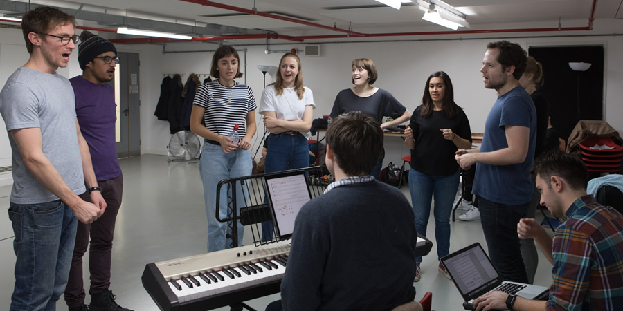 Ricky Whittington rehearsals. Image shows from L to R: Rob Carter, Omar Ibrahim, Rosa Robson, Ellie White, Charlotte Ritchie, Emily Lloyd Saini, David Elms. Copyright: Claire Haigh. Ricky Whittington rehearsals. Image shows from L to R: Rob Carter, Omar Ibrahim, Rosa Robson, Ellie White, Charlotte Ritchie, Emily Lloyd Saini, David Elms. Copyright: Claire Haigh.