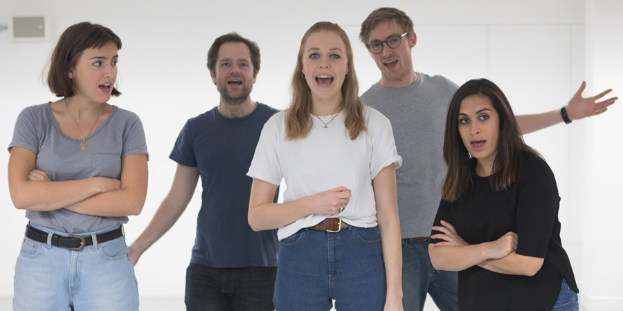 Ricky Whittington rehearsals. Image shows from L to R: Rosa Robson, David Elms, Ellie White, Rob Carter, Emily Lloyd Saini. Copyright: Claire Haigh. Ricky Whittington rehearsals. Image shows from L to R: Rosa Robson, David Elms, Ellie White, Rob Carter, Emily Lloyd Saini. Copyright: Claire Haigh.