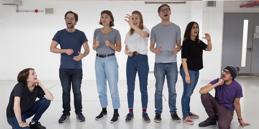 Ricky Whittington rehearsals. Image shows from L to R: Charlotte Ritchie, David Elms, Rosa Robson, Ellie White, Rob Carter, Emily Lloyd Saini, Omar Ibrahim. Copyright: Claire Haigh. Ricky Whittington rehearsals. Image shows from L to R: Charlotte Ritchie, David Elms, Rosa Robson, Ellie White, Rob Carter, Emily Lloyd Saini, Omar Ibrahim. Copyright: Claire Haigh.