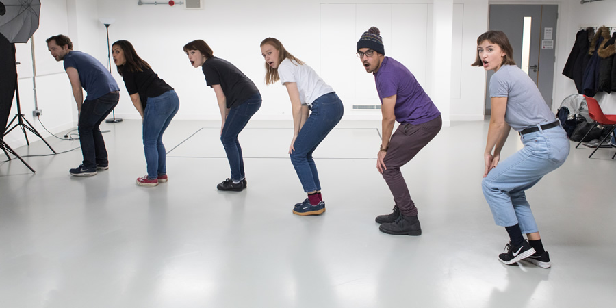 Ricky Whittington rehearsals. Image shows from L to R: David Elms, Emily Lloyd Saini, Charlotte Ritchie, Ellie White, Omar Ibrahim, Rosa Robson. Copyright: Claire Haigh. Ricky Whittington rehearsals. Image shows from L to R: David Elms, Emily Lloyd Saini, Charlotte Ritchie, Ellie White, Omar Ibrahim, Rosa Robson. Copyright: Claire Haigh.