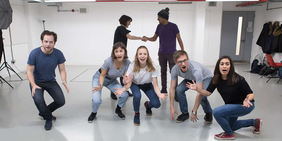 Ricky Whittington rehearsals. Image shows from L to R: David Elms, Rosa Robson, Charlotte Ritchie, Ellie White, Omar Ibrahim, Rob Carter, Emily Lloyd Saini. Copyright: Claire Haigh. Ricky Whittington rehearsals. Image shows from L to R: David Elms, Rosa Robson, Charlotte Ritchie, Ellie White, Omar Ibrahim, Rob Carter, Emily Lloyd Saini. Copyright: Claire Haigh.