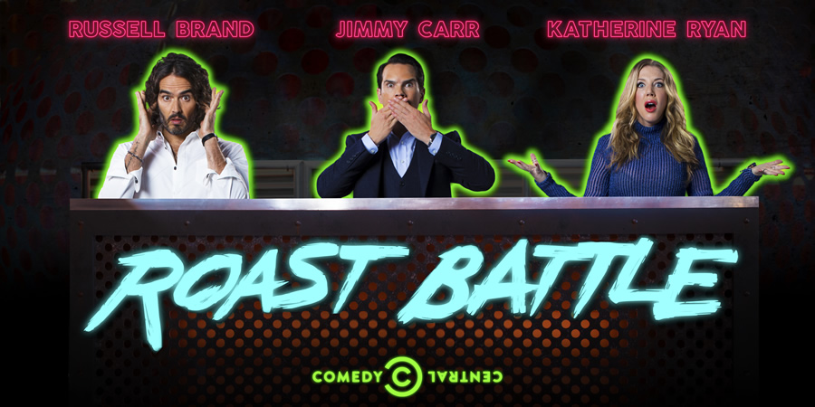 Roast Battle. Image shows from L to R: Russell Brand, Jimmy Carr, Katherine Ryan. Roast Battle. Image shows from L to R: Russell Brand, Jimmy Carr, Katherine Ryan.