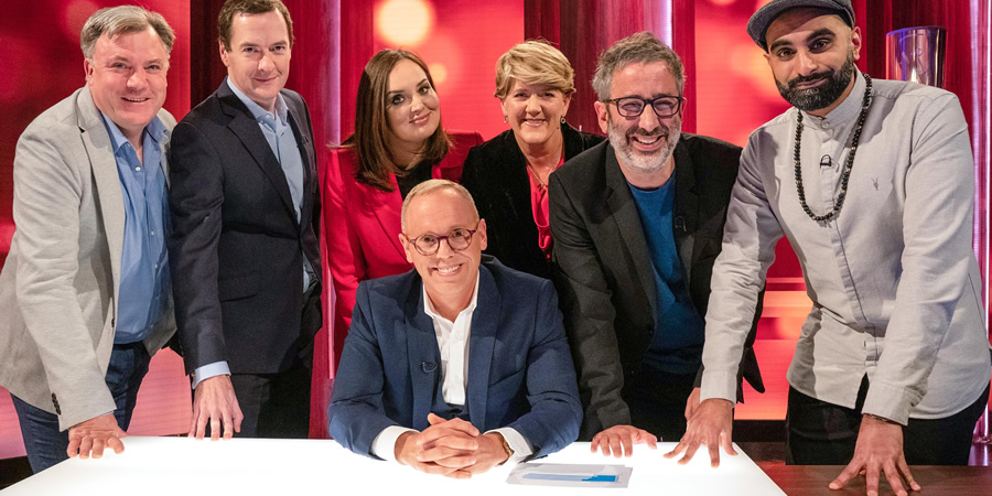 The Rob Rinder Show. Image shows from L to R: Ed Balls, George Osborne, Deborah Frances-White, Robert Rinder, Clare Balding, David Baddiel, Tez Ilyas. The Rob Rinder Show. Image shows from L to R: Ed Balls, George Osborne, Deborah Frances-White, Robert Rinder, Clare Balding, David Baddiel, Tez Ilyas.