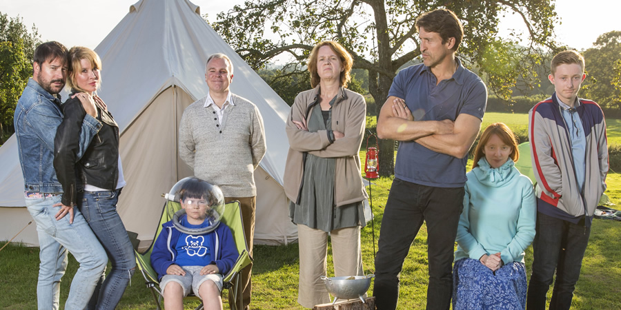 Camping. Image shows from L to R: Tom (Rufus Jones), Fay (Julia Davis), Archie (Oaklee Pendergast), Robin (Steve Pemberton), Fiona (Vicki Pepperdine), Adam (Jonathan Cake), Kerry (Elizabeth Berrington), Davey (Shaun Aylward). Copyright: Baby Cow Productions. Camping. Image shows from L to R: Tom (Rufus Jones), Fay (Julia Davis), Archie (Oaklee Pendergast), Robin (Steve Pemberton), Fiona (Vicki Pepperdine), Adam (Jonathan Cake), Kerry (Elizabeth Berrington), Davey (Shaun Aylward). Copyright: Baby Cow Productions.