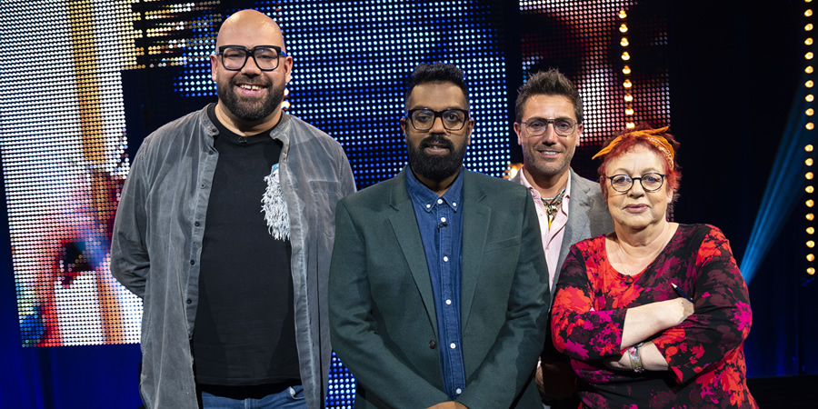 Romesh's Look Back To The Future. Image shows from L to R: Tom Davis, Romesh Ranganathan, Gino D'Acampo, Jo Brand. Copyright: Hungry Bear Media. Romesh's Look Back To The Future. Image shows from L to R: Tom Davis, Romesh Ranganathan, Gino D'Acampo, Jo Brand. Copyright: Hungry Bear Media.