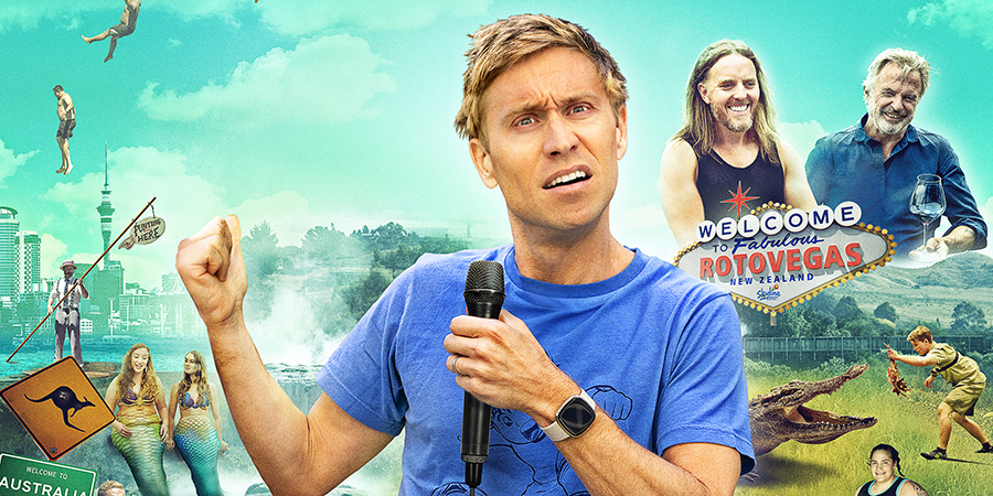 Russell Howard Stands Up To The World. Image shows from L to R: Russell Howard, Tim Minchin, Sam Neill. Copyright: Avalon Television. Russell Howard Stands Up To The World. Image shows from L to R: Russell Howard, Tim Minchin, Sam Neill. Copyright: Avalon Television.