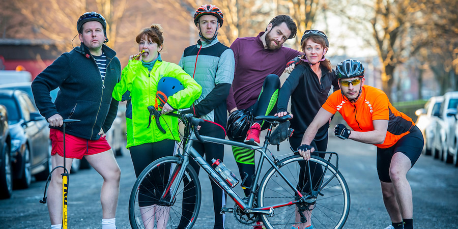Saddled. Image shows from L to R: Mark (Greg McHugh), Sue (Sally Reid), Francis (Robin Laing), Jack (Richard Rankin), Dawn (Lucianne McEvoy), Brennan (Richard Gadd). Saddled. Image shows from L to R: Mark (Greg McHugh), Sue (Sally Reid), Francis (Robin Laing), Jack (Richard Rankin), Dawn (Lucianne McEvoy), Brennan (Richard Gadd).