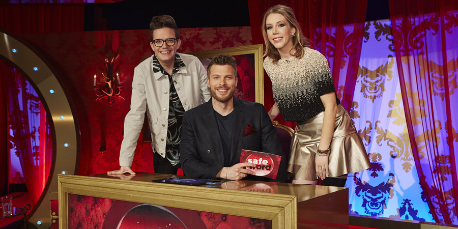 Safeword. Image shows from L to R: David Morgan, Rick Edwards, Katherine Ryan. Safeword. Image shows from L to R: David Morgan, Rick Edwards, Katherine Ryan.