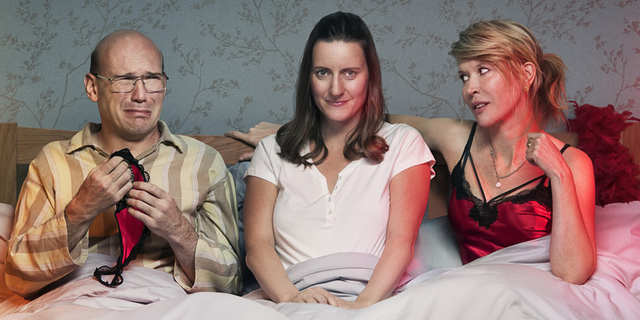 Sally4Ever. Image shows from L to R: David (Alex Macqueen), Sally (Catherine Shepherd), Emma (Julia Davis). Sally4Ever. Image shows from L to R: David (Alex Macqueen), Sally (Catherine Shepherd), Emma (Julia Davis).