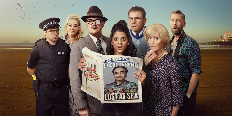 Sandylands. Image shows from L to R: Nathan Wild (Simon Bird), Tina Taylor (Harriet Webb), The One-Eyed man (Hugh Bonneville), Emily Verma (Natalie Dew), Derek Swallows (David Walliams), Jeannie Swallows (Sophie Thompson), Terry Chino (Craig Parkinson). Copyright: King Bert Productions. Sandylands. Image shows from L to R: Nathan Wild (Simon Bird), Tina Taylor (Harriet Webb), The One-Eyed man (Hugh Bonneville), Emily Verma (Natalie Dew), Derek Swallows (David Walliams), Jeannie Swallows (Sophie Thompson), Terry Chino (Craig Parkinson). Copyright: King Bert Productions.