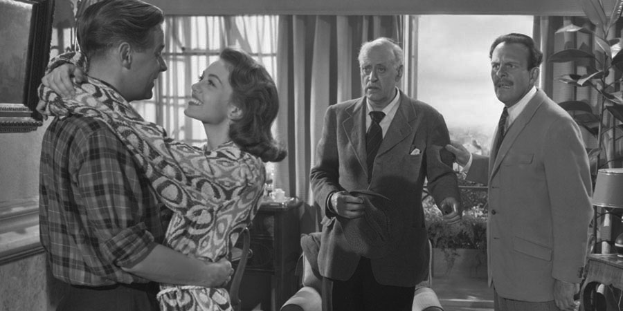 School For Scoundrels. Image shows from L to R: Henry R. Palfrey (Ian Carmichael), April Smith (Janette Scott), Mr. S. Potter (Alastair Sim), Raymond Delauney (Terry-Thomas). Copyright: Guardsman Films. School For Scoundrels. Image shows from L to R: Henry R. Palfrey (Ian Carmichael), April Smith (Janette Scott), Mr. S. Potter (Alastair Sim), Raymond Delauney (Terry-Thomas). Copyright: Guardsman Films.