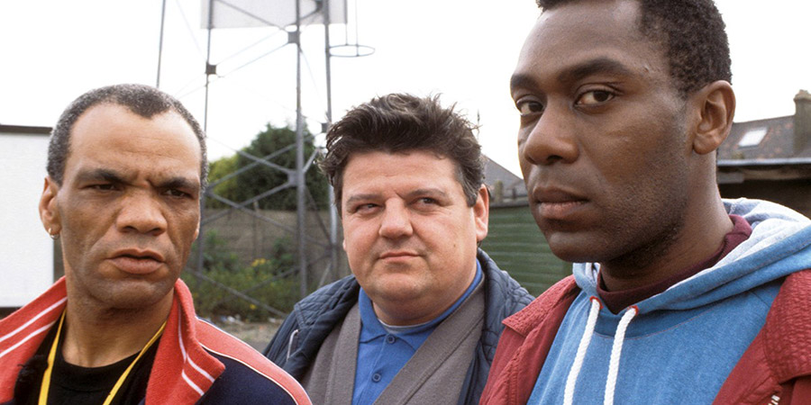 Alive And Kicking. Image shows from L to R: Earl Preston (Paul Barber), Liam Kane (Robbie Coltrane), Steveie 'Smudger' Smith (Lenny Henry). Copyright: BBC. Alive And Kicking. Image shows from L to R: Earl Preston (Paul Barber), Liam Kane (Robbie Coltrane), Steveie 'Smudger' Smith (Lenny Henry). Copyright: BBC.