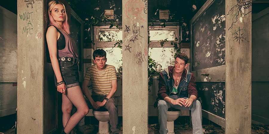 Sex Education. Image shows from L to R: Maeve Wiley (Emma Mackey), Otis Milburn (Asa Butterfield), Adam Groff (Connor Swindells). Copyright: Eleven Film. Sex Education. Image shows from L to R: Maeve Wiley (Emma Mackey), Otis Milburn (Asa Butterfield), Adam Groff (Connor Swindells). Copyright: Eleven Film.