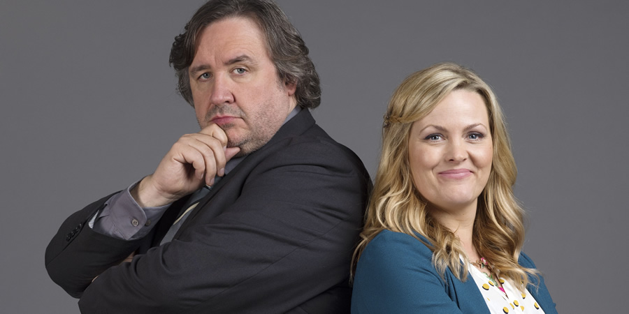 Shakespeare & Hathaway - Private Investigators. Image shows from L to R: Frank Hathaway (Mark Benton), Luella Shakespeare (Jo Joyner). Copyright: BBC. Shakespeare & Hathaway - Private Investigators. Image shows from L to R: Frank Hathaway (Mark Benton), Luella Shakespeare (Jo Joyner). Copyright: BBC.