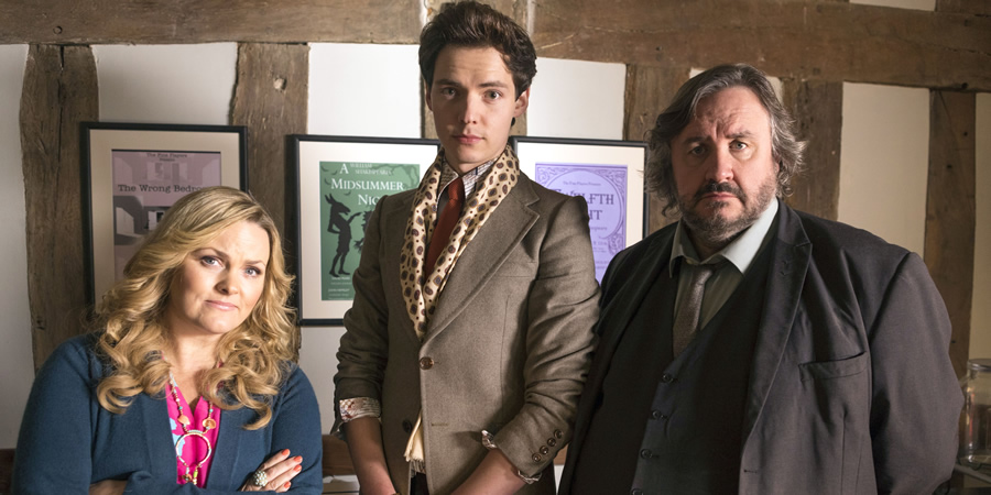 Shakespeare & Hathaway - Private Investigators. Image shows from L to R: Luella Shakespeare (Jo Joyner), Sebastian Brudenell (Patrick Walshe McBride), Frank Hathaway (Mark Benton). Shakespeare & Hathaway - Private Investigators. Image shows from L to R: Luella Shakespeare (Jo Joyner), Sebastian Brudenell (Patrick Walshe McBride), Frank Hathaway (Mark Benton).
