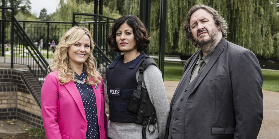 Shakespeare & Hathaway - Private Investigators. Image shows from L to R: Luella Shakespeare (Jo Joyner), DI Marlowe (Amber Aga), Frank Hathaway (Mark Benton). Shakespeare & Hathaway - Private Investigators. Image shows from L to R: Luella Shakespeare (Jo Joyner), DI Marlowe (Amber Aga), Frank Hathaway (Mark Benton).