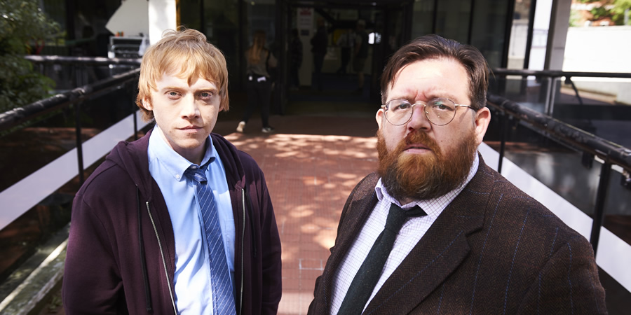 Sick Note. Image shows from L to R: Daniel Glass (Rupert Grint), Dr Iain Glennis (Nick Frost). Copyright: King Bert Productions. Sick Note. Image shows from L to R: Daniel Glass (Rupert Grint), Dr Iain Glennis (Nick Frost). Copyright: King Bert Productions.