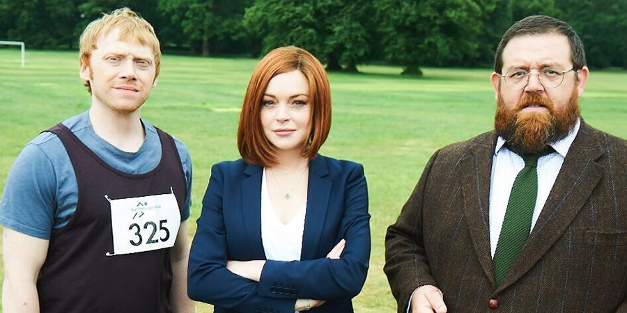 Sick Note. Image shows from L to R: Daniel Glass (Rupert Grint), Katerina West (Lindsay Lohan), Dr Iain Glennis (Nick Frost). Copyright: King Bert Productions. Sick Note. Image shows from L to R: Daniel Glass (Rupert Grint), Katerina West (Lindsay Lohan), Dr Iain Glennis (Nick Frost). Copyright: King Bert Productions.