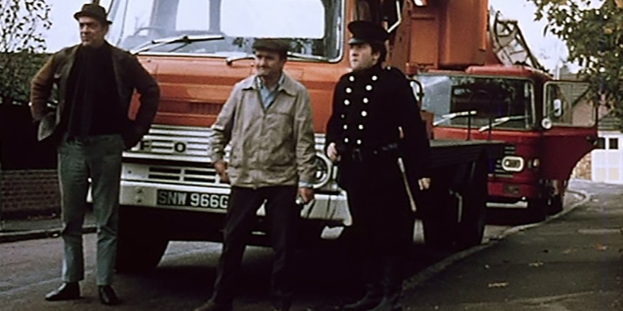 Simon Simon. Image shows from L to R: 2nd Workman (Driver) (John Junkin), 1st Workman (Graham Stark), Fireman (Norman Rossington). Copyright: Tigon British Film Productions. Simon Simon. Image shows from L to R: 2nd Workman (Driver) (John Junkin), 1st Workman (Graham Stark), Fireman (Norman Rossington). Copyright: Tigon British Film Productions.