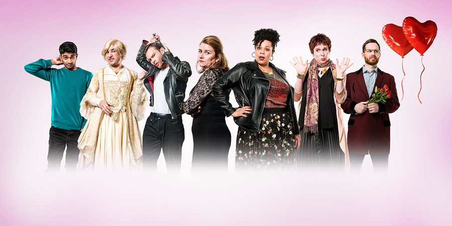 Sky Arts Valentines Comedy Shorts. Image shows from L to R: Rich (Paul G Raymond), Mr Swallow (Nick Mohammed), Dandy (Ashley Horne), Rosie (Rosie Cavaliero), Donna (Desiree Burch), Anna Mann (Colin Hoult), Niall (Liam Williams). Sky Arts Valentines Comedy Shorts. Image shows from L to R: Rich (Paul G Raymond), Mr Swallow (Nick Mohammed), Dandy (Ashley Horne), Rosie (Rosie Cavaliero), Donna (Desiree Burch), Anna Mann (Colin Hoult), Niall (Liam Williams).