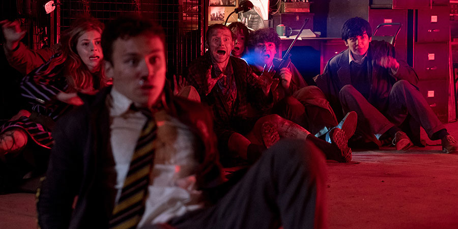 Slaughterhouse Rulez. Image shows from L to R: Clemsie Lawrence (Hermione Corfield), Don Wallace (Finn Cole), Meredith Houseman (Simon Pegg), Wootton (Kit Connor), Willoughby Blake (Asa Butterfield). Copyright: Sony Pictures. Slaughterhouse Rulez. Image shows from L to R: Clemsie Lawrence (Hermione Corfield), Don Wallace (Finn Cole), Meredith Houseman (Simon Pegg), Wootton (Kit Connor), Willoughby Blake (Asa Butterfield). Copyright: Sony Pictures.