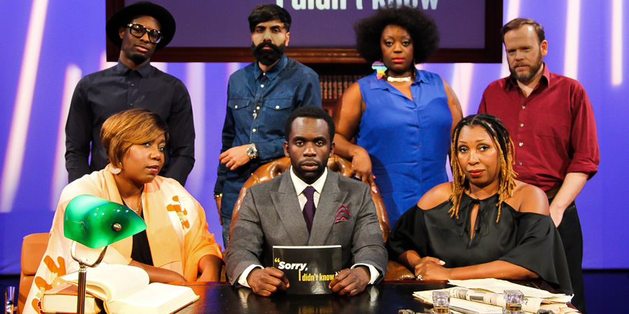 Sorry, I Didn't Know. Image shows from L to R: Chizzy Akudolu, Jimmy James Jones, Paul Chowdhry, Jimmy Akingbola, Judi Love, Jo Martin, Toby Williams. Copyright: Triforce Productions. Sorry, I Didn't Know. Image shows from L to R: Chizzy Akudolu, Jimmy James Jones, Paul Chowdhry, Jimmy Akingbola, Judi Love, Jo Martin, Toby Williams. Copyright: Triforce Productions.