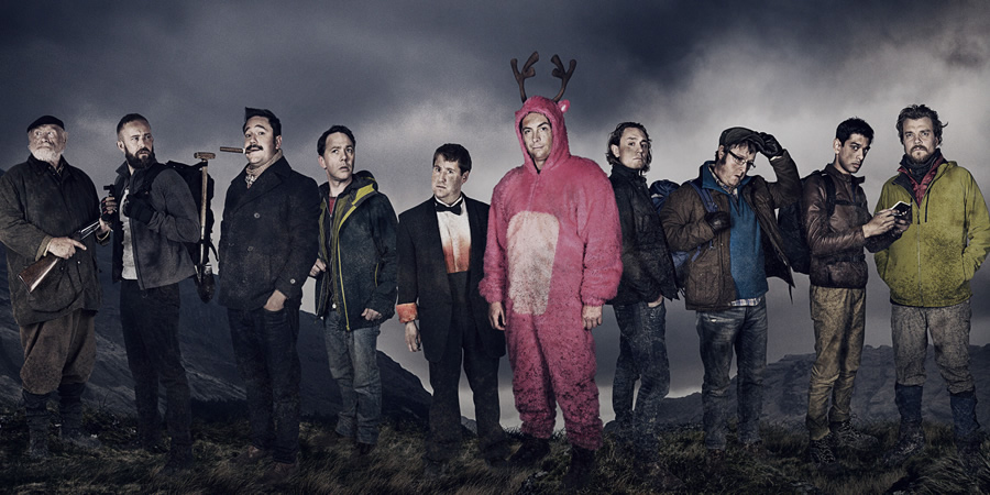 Stag. Image shows from L to R: The Gamekeeper (James Cosmo), Christoph (Christiaan Van Vuuren), Cosmo (Rufus Jones), Wendy (Reece Shearsmith), Ian (Jim Howick), Johnners (Stephen Campbell Moore), Ledge (JJ Feild), Aitken (Tim Key), The Mexican (Amit Shah), Neils (Pilou Asbæk). Copyright: BBC / Idiotlamp. Stag. Image shows from L to R: The Gamekeeper (James Cosmo), Christoph (Christiaan Van Vuuren), Cosmo (Rufus Jones), Wendy (Reece Shearsmith), Ian (Jim Howick), Johnners (Stephen Campbell Moore), Ledge (JJ Feild), Aitken (Tim Key), The Mexican (Amit Shah), Neils (Pilou Asbæk). Copyright: BBC / Idiotlamp.