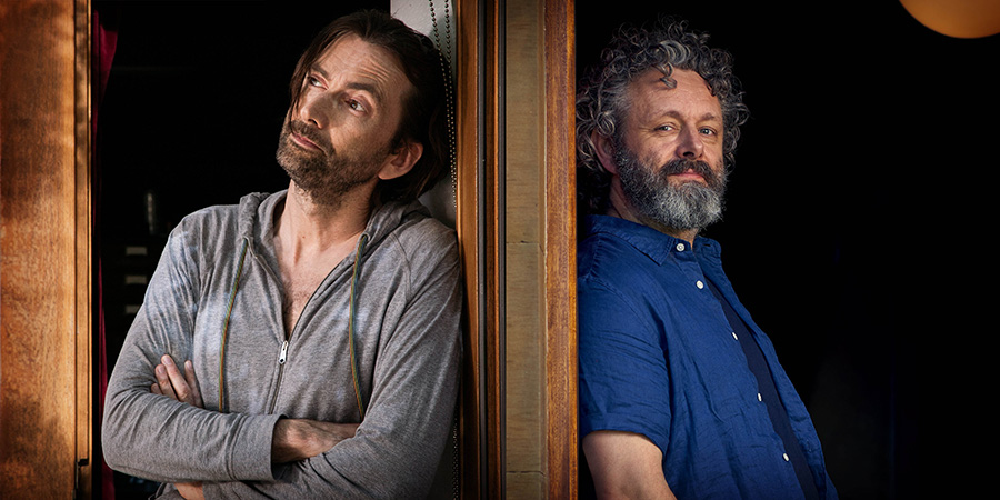 Staged. Image shows from L to R: David (David Tennant), Michael (Michael Sheen). Copyright: BBC / Simon Ridgeway. Staged. Image shows from L to R: David (David Tennant), Michael (Michael Sheen). Copyright: BBC / Simon Ridgeway.