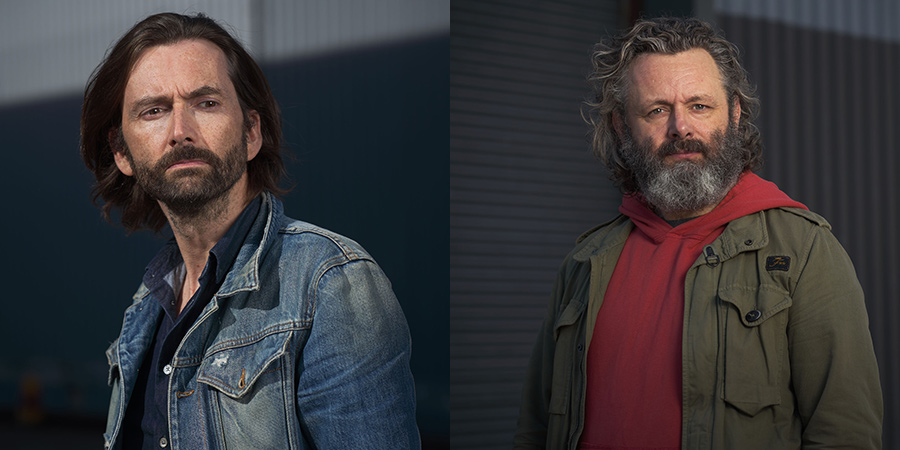Staged. Image shows from L to R: David (David Tennant), Michael (Michael Sheen). Staged. Image shows from L to R: David (David Tennant), Michael (Michael Sheen).