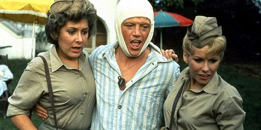 Stand Up Virgin Soldiers. Image shows from L to R: Valerie (Lynda Bellingham), Private Brigg (Robin Askwith), Bernice (Pamela Stephenson). Copyright: Maidenhead Films. Stand Up Virgin Soldiers. Image shows from L to R: Valerie (Lynda Bellingham), Private Brigg (Robin Askwith), Bernice (Pamela Stephenson). Copyright: Maidenhead Films.