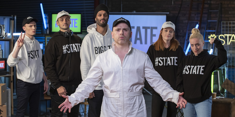 The State Of It. Image shows from L to R: Nathan Byrne, Joe Hullait, Bigg Taj, Robert Florence, Susan Riddell, Rachel Jackson. Copyright: The Comedy Unit. The State Of It. Image shows from L to R: Nathan Byrne, Joe Hullait, Bigg Taj, Robert Florence, Susan Riddell, Rachel Jackson. Copyright: The Comedy Unit.