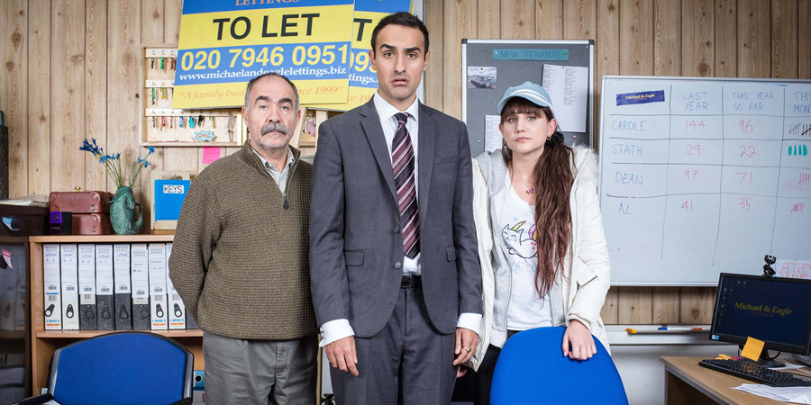 Stath Lets Flats. Image shows from L to R: Vasos (Christos Stergioglou), Stath (Jamie Demetriou), Sophie (Natasia Demetriou). Copyright: Roughcut Television. Stath Lets Flats. Image shows from L to R: Vasos (Christos Stergioglou), Stath (Jamie Demetriou), Sophie (Natasia Demetriou). Copyright: Roughcut Television.