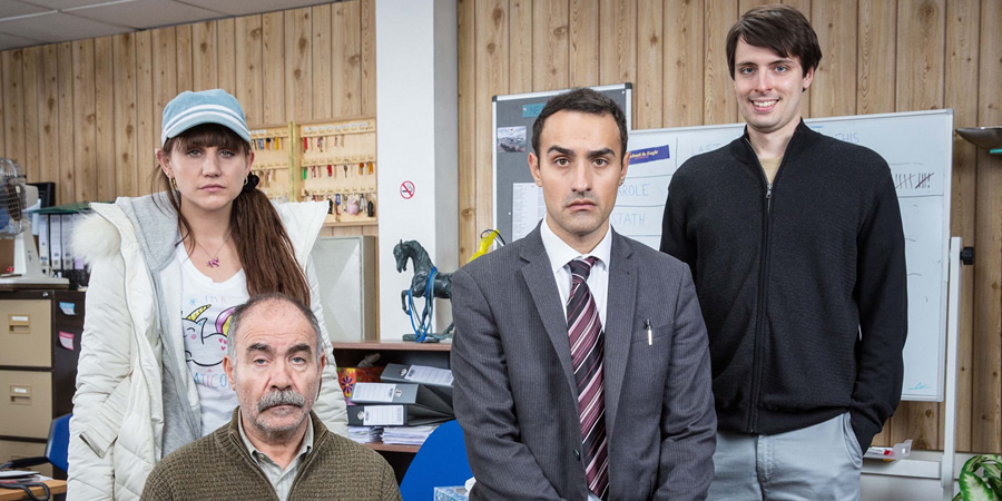 Stath Lets Flats. Image shows from L to R: Sophie (Natasia Demetriou), Vasos (Christos Stergioglou), Stath (Jamie Demetriou), Al (Alastair Roberts). Copyright: Roughcut Television. Stath Lets Flats. Image shows from L to R: Sophie (Natasia Demetriou), Vasos (Christos Stergioglou), Stath (Jamie Demetriou), Al (Alastair Roberts). Copyright: Roughcut Television.