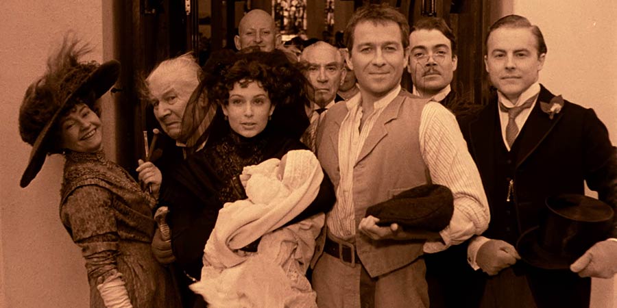 Stiff Upper Lips. Image shows from L to R: Aunt Agnes (Prunella Scales), Horace (Peter Ustinov), Emily (Clare Woodgate), Unknown, Hudson Junior (Frank Finlay), George (Sean Pertwee), Cedric (Robert Portal), Edward (Samuel West). Stiff Upper Lips. Image shows from L to R: Aunt Agnes (Prunella Scales), Horace (Peter Ustinov), Emily (Clare Woodgate), Unknown, Hudson Junior (Frank Finlay), George (Sean Pertwee), Cedric (Robert Portal), Edward (Samuel West).
