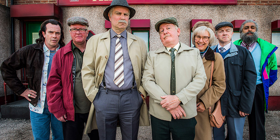 Still Game. Image shows from L to R: Boabby (Gavin Mitchell), Winston Ingram (Paul Riley), Victor McDade (Greg Hemphill), Jack Jarvis (Ford Kiernan), Isa Drennan (Jane McCarry), Tam Mullen (Mark Cox), Navid Harrid (Sanjeev Kohli). Copyright: BBC. Still Game. Image shows from L to R: Boabby (Gavin Mitchell), Winston Ingram (Paul Riley), Victor McDade (Greg Hemphill), Jack Jarvis (Ford Kiernan), Isa Drennan (Jane McCarry), Tam Mullen (Mark Cox), Navid Harrid (Sanjeev Kohli). Copyright: BBC.