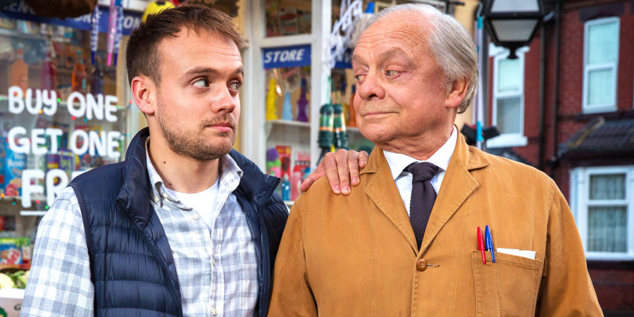 Still Open All Hours. Image shows from L to R: Leroy (James Baxter), Granville (David Jason). Copyright: BBC. Still Open All Hours. Image shows from L to R: Leroy (James Baxter), Granville (David Jason). Copyright: BBC.