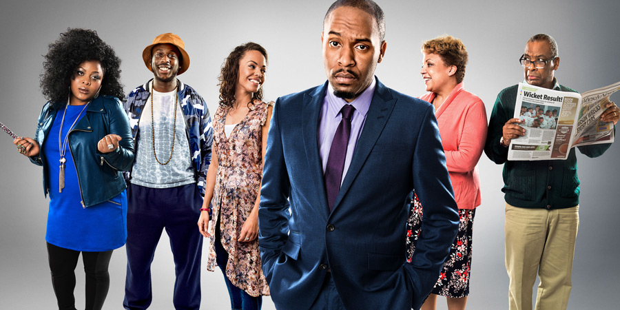Sunny D. Image shows from L to R: Kadean (Gbemisola Ikumelo), Stefan (David Ajao), Nicola (Sasha Frost), Dane (Dane Baptiste), Gloria (Liz Hume-Dawson), Lawrence (Don Warrington). Copyright: BBC. Sunny D. Image shows from L to R: Kadean (Gbemisola Ikumelo), Stefan (David Ajao), Nicola (Sasha Frost), Dane (Dane Baptiste), Gloria (Liz Hume-Dawson), Lawrence (Don Warrington). Copyright: BBC.