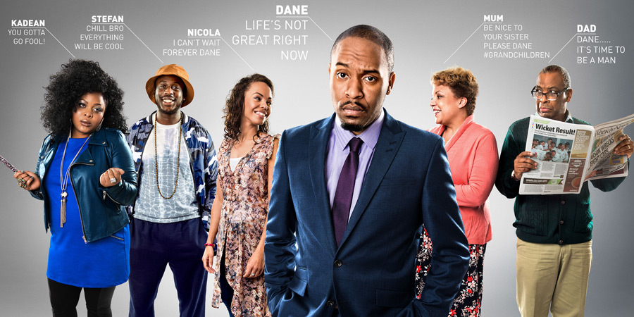 Sunny D. Image shows from L to R: Kadean (Gbemisola Ikumelo), Stefan (David Ajao), Nicola (Sasha Frost), Dane (Dane Baptiste), Gloria (Liz Hume-Dawson), Lawrence (Don Warrington). Copyright: BBC. Sunny D. Image shows from L to R: Kadean (Gbemisola Ikumelo), Stefan (David Ajao), Nicola (Sasha Frost), Dane (Dane Baptiste), Gloria (Liz Hume-Dawson), Lawrence (Don Warrington). Copyright: BBC.