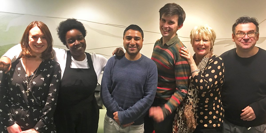 Sweats. Image shows from L to R: Lucy (Sarah Daykin), Kate (Lolly Adefope), Jake (Nick Mohammed), Frankie (Kieran Hodgson), Aunt Lois (Alison Steadman), Brian (Paul Putner). Copyright: BBC. Sweats. Image shows from L to R: Lucy (Sarah Daykin), Kate (Lolly Adefope), Jake (Nick Mohammed), Frankie (Kieran Hodgson), Aunt Lois (Alison Steadman), Brian (Paul Putner). Copyright: BBC.