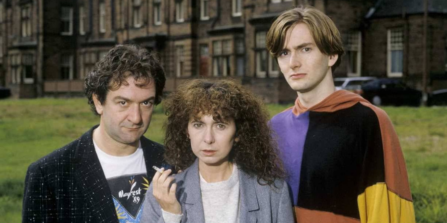 Takin' Over The Asylum. Image shows from L to R: Eddie (Ken Stott), Francine (Katy Murphy), Campbell (David Tennant). Copyright: BBC. Takin' Over The Asylum. Image shows from L to R: Eddie (Ken Stott), Francine (Katy Murphy), Campbell (David Tennant). Copyright: BBC.