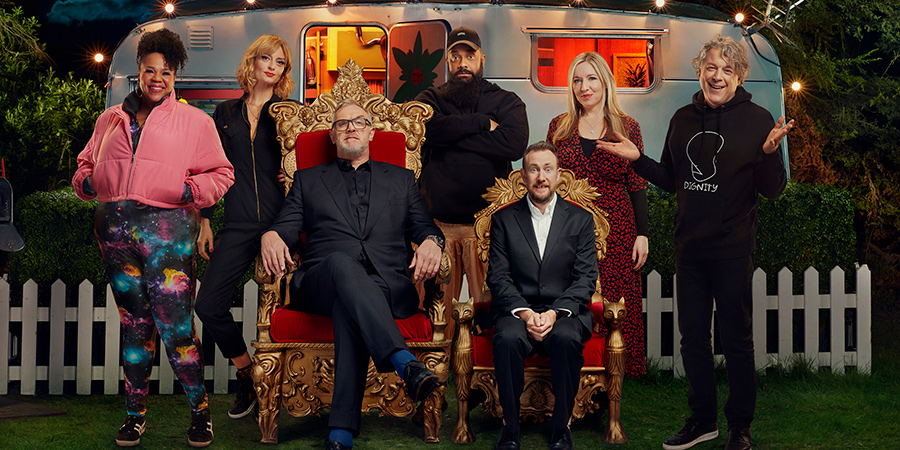 Taskmaster. Image shows from L to R: Desiree Burch, Morgana Robinson, Greg Davies, Guz Khan, Alex Horne, Victoria Coren Mitchell, Alan Davies. Copyright: Avalon Television. Taskmaster. Image shows from L to R: Desiree Burch, Morgana Robinson, Greg Davies, Guz Khan, Alex Horne, Victoria Coren Mitchell, Alan Davies. Copyright: Avalon Television.